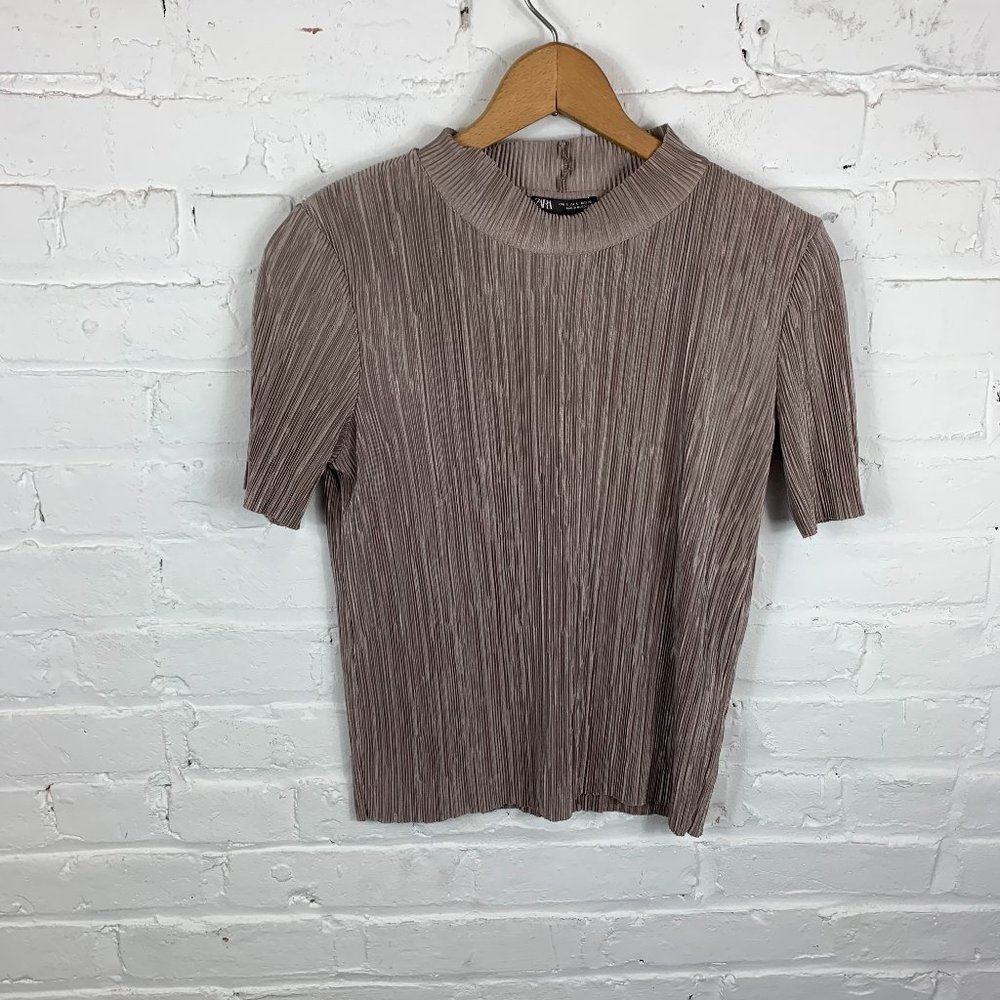 Zara Knit Mock Neck Top Short Sleeve Brown Size S